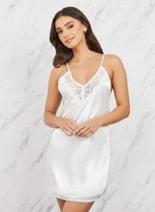 Satin Lace Trim Button Detail Short Slip Dress 