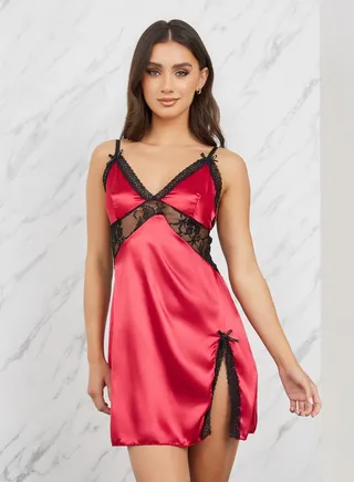 Satin Lace Insert Slip Dress with Side Slit 
