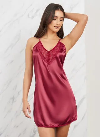 Lace Trim V Neck Button Detail Satin Slip Dress 