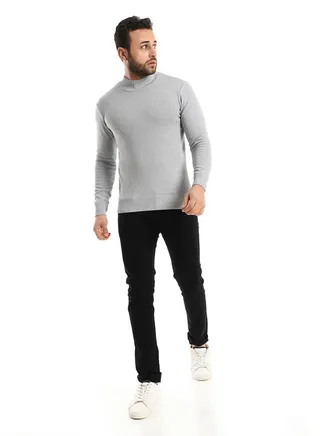Knitted Ribbed High Cole Slip On Heather Grey Pullover 