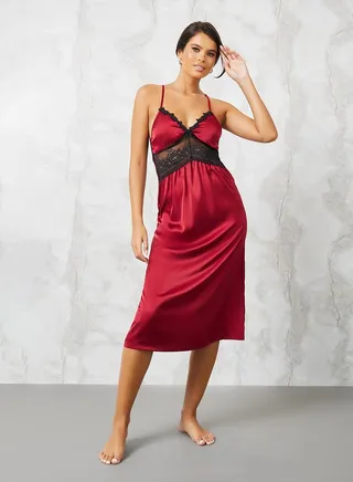 Lace Detail Cutout Back Satin Slip Dress 