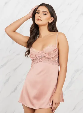 Satin Lace Detail Underwired Cut Out Back Detail Slip Dress 