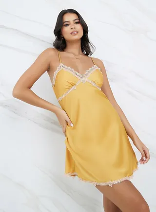Padded Non Wired Contrast Lace Detail Satin Slip Dress 