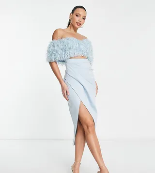 ASOS DESIGN Tall 2 piece off shoulder pencil wrap tuck faux feather midi dress in light blue