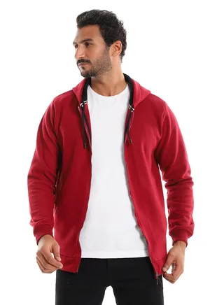 Hooded Ribbed Cuffs & Hem Maroon Zipper Sweatshirt 