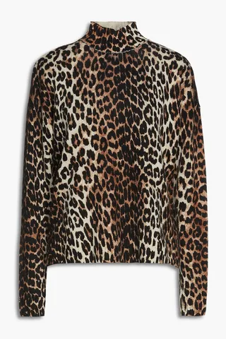 Leopard-print merino wool-blend turtleneck sweater
