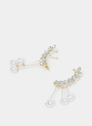 Rhinestone Embellished Pearl Drop Ear Cuff