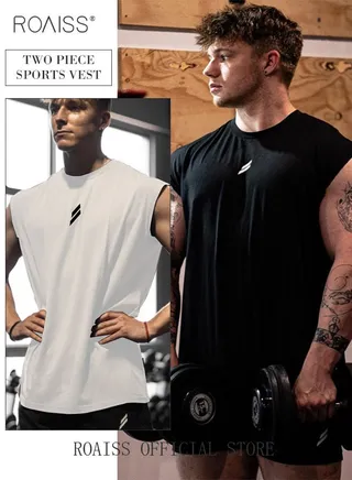 Men's Sports Vest Muscle Fitness Casual Running Training Loose Large Size Cotton Sleeveless Round Neck Undershirt Summer 