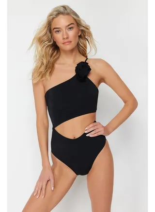 Black One Shoulder Floral Appliqued Swimsuit TBESS24MY00007 