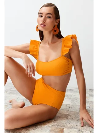 Orange Bralette Ruffled Textured High Waist Bikini Set TBESS22BT0049 