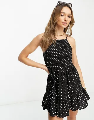ASOS DESIGN square neck shirred mini sundress in mono dot print