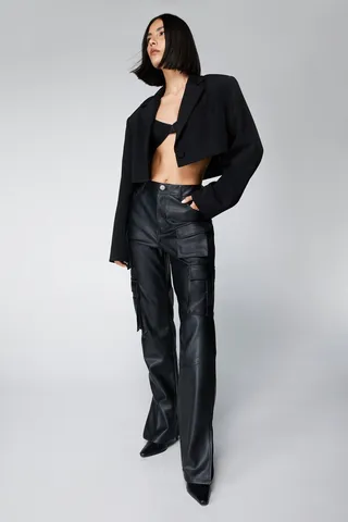 Nasty Gal Womens Faux Leather Wide Leg Cargo Pants