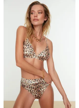 Brown Animal Pattern Triangle High Waist High Leg Bikini Set TBESS22BT0016 