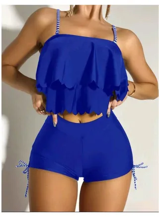 SHEIN Swim Vcay Ruffle Trim Drawstring Side Bikini Swimsuit 