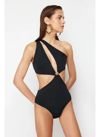 Black One Shoulder Accessory Swimsuit TBESS24MY00008 