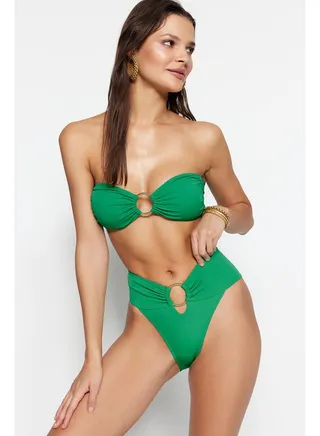 High Waist High Leg Bikini Bottom with Green Accessories TBESS22BA00001 