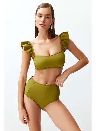 Green Bralette Ruffled Textured High Waist Bikini Set TBESS22BT0049 