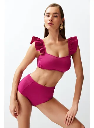 Fuchsia Bralette Frilly Textured High Waist Bikini Set TBESS22BT0049 
