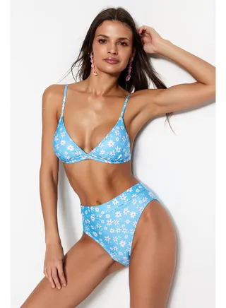 Blue Floral Pattern Triangle High Waist High Leg Bikini Set TBESS22BT0016 