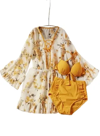 women's 3 pieces bikini set with floral cover 