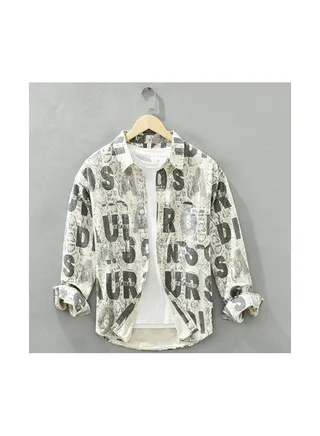 Letter Printed Lapel Long Sleeve Shirt Men 