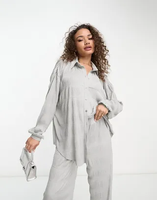 ASOS DESIGN oversized plisse shirt in silver - part of a set