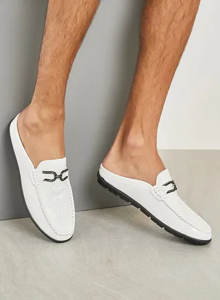 Croc Texture Embellished Horsebit Buckle Mules 