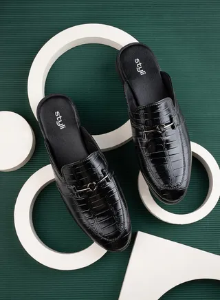 Croc Faux Leather Metal Accent Mules 