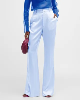 High-Rise Slit-Hem Flare-Leg Satin Pants
