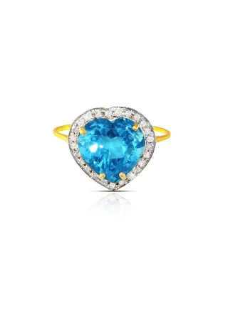 18k Gold 10mm Genuine Heart Cut Swiss Blue Topaz 0.14Ct Genuine Diamonds Ring 