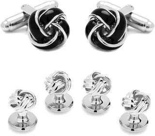 Black and Silver Knot Cuff Links & Studs Set