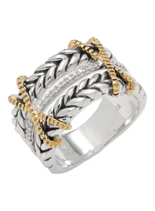 Two Tone 18K Yellow Gold Sterling Silver and 0.09 TCW Diamond Ring for Women Size 7 
