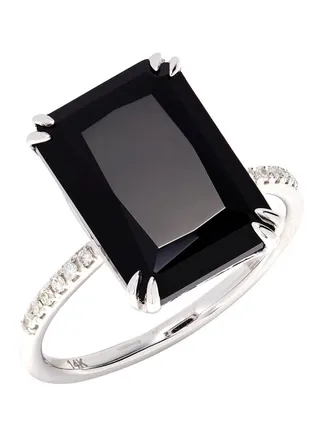 14K White Gold Diamond and Onyx Ring for Women Size 7 