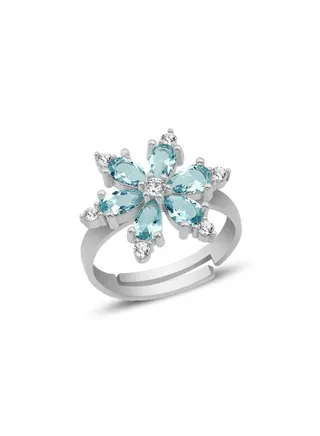 925 Silver,Adjustable Lotus Flower Aquamarine CZ Ring Rhodium Plated 100% Precious Metal Gift for Women- Emnon67RI 