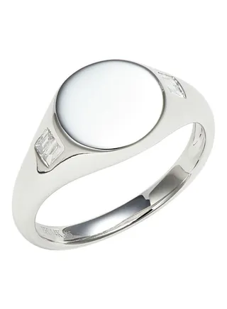 14K White Gold and 0.05 TCW Diamond Core Baguette Signet Ring for Women 