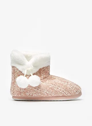 Womens Textured Slip On Bedroom Boots With Pom Pom Detail By Shoexpress 
