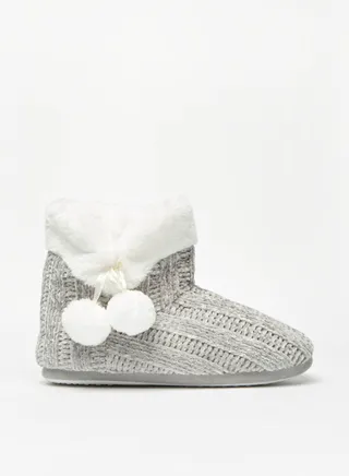Womens Textured Slip On Bedroom Boots With Pom Pom Detail By Shoexpress 