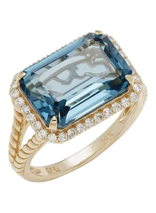 14K Yellow Gold Blue Topaz and Diamond Ring for Women Size 7 