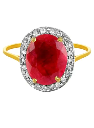 18K Gold Diamonds Oval Ruby Ring 0.12 Carat 