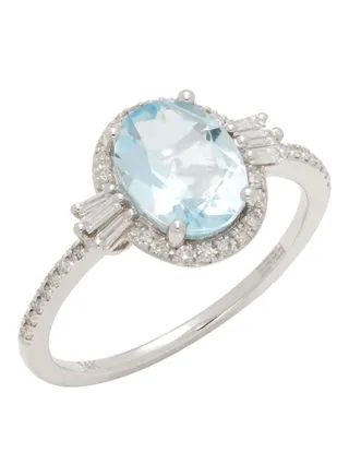 14K White Gold Aquamarine and Diamond Ring for Women Size 7 