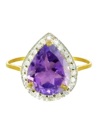 18 Karat Gold Genuine Diamond Drop Cut Amethyst Ring 