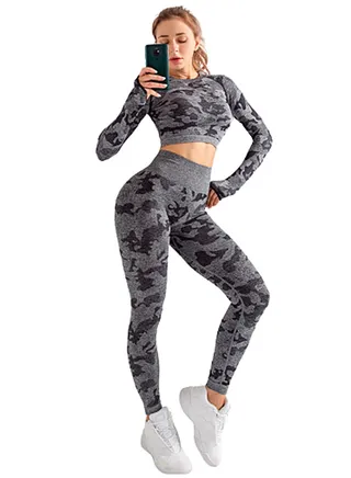 Camouflage Printed Sports Suit Set Grey 