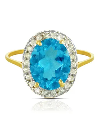18K Gold Genuine Diamond Swiss Blue Topaz Ring 0.12 Carat 