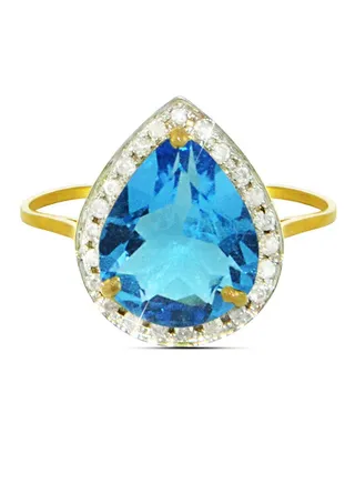 18K Gold Genuine Diamond Swiss Blue Topaz Ring 0.12 Carat 