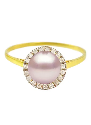 18 Karat Gold 0.10 ct Genuine Diamonds And Genuine Pearl Cocktail Ring 