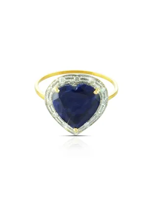 18k Gold 10mm Genuine Heart Cut Midnight Blue Sapphire 0.13Ct Genuine Diamonds Ring 