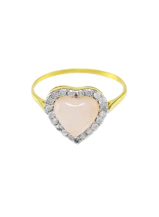 10K Yellow And Gold 9mm Genuine Heart Cabochon Cut Rose Quartz 0.25CT Genuine Diamonds Ring 