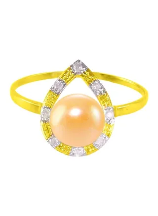 18 Karat Gold 0.08Ct Diamond And Pearl Studded Drop Ring 