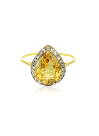 18k Gold 10mm Genuine Drop Cut Citrine 0.12Ct Genuine Diamonds Ring 