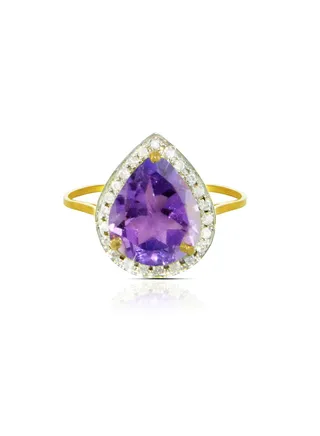 18k Gold 10mm Genuine Drop Cut Amethyst 0.12Ct Genuine Diamonds Ring 